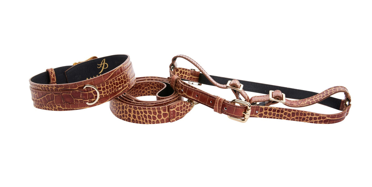 Brown & Gold Embossed Croc Italian Leather 3 piece Italian Hardware by Allysa Payne Beverly Hills - product image 2 for Resin Society