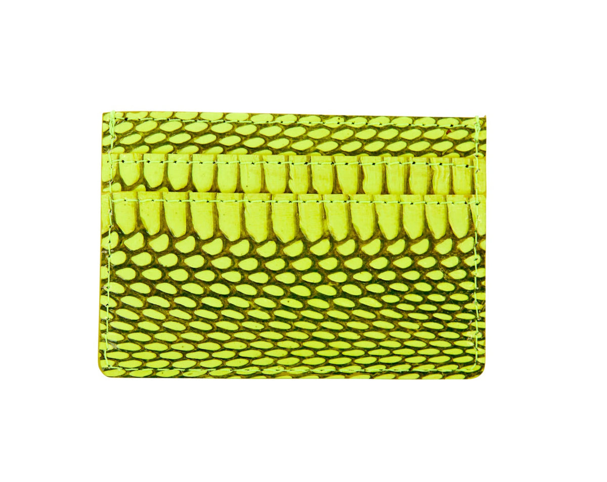 Rectangular card wallet with neon green viper snake scale pattern and multiple horizontal slots on one side for cards.