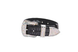 Dark grey embossed croc leather belt with silver buckle, loop, and tip adorned with sparkling Swarovski crystals, shown against white background.
