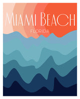 Destination: Miami Beach modern art print by Alicia Bock showing abstract coastal shapes in blue, turquoise, and pink tones.