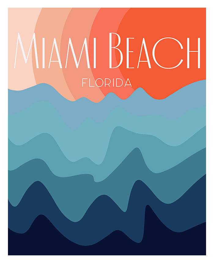 Destination: Miami Beach modern art print by Alicia Bock showing abstract coastal shapes in blue, turquoise, and pink tones.