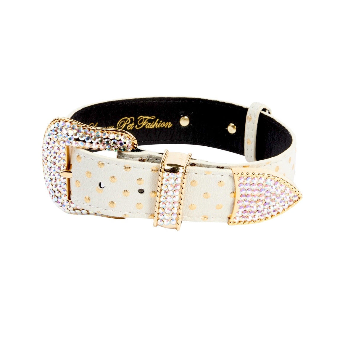 White & Gold Polka Dot Italian Leather Collar With Swarovski Crystal