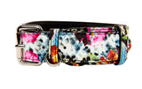 Italian leather dog collar with floral and snake print patterns in vibrant pink, orange, green, and black hues, featuring silver metal buckle and ring hardware.