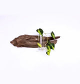 Clear glass vase holding a leafy green plant, mounted on a textured piece of dark brown driftwood against a white background.