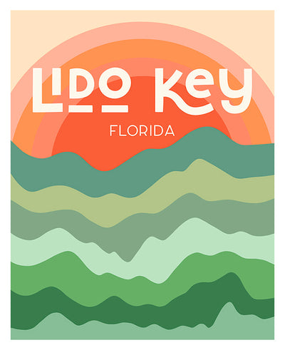 Abstract art print with bold geometric shapes and color blocks representing a modern cityscape titled Destination: Lido Key