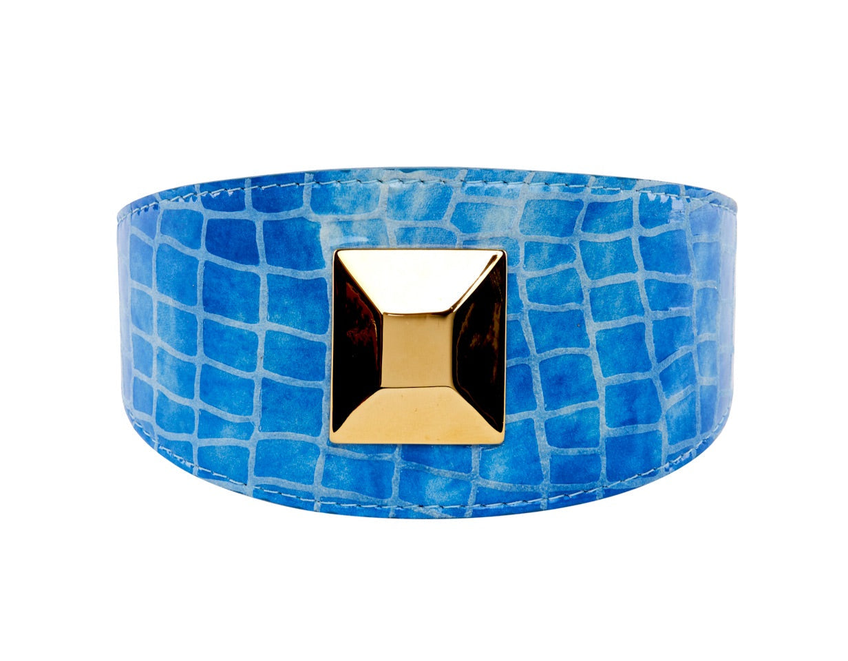 Blue Patent Embossed Croc Italian Leather Collar With Large Gold Custom by Allysa Payne Beverly Hills - product image 2 for Resin Society