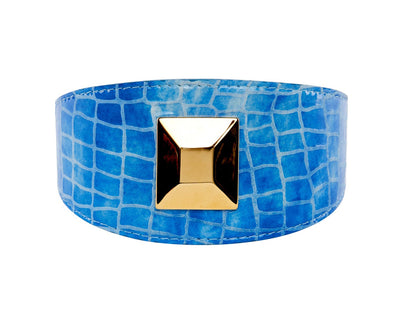 Blue Patent Embossed Croc Italian Leather Collar With Large Gold Custom by Allysa Payne Beverly Hills - product image 2 for Resin Society
