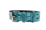 Turquoise croc-embossed leather belt with silver rectangular buckle and two loops, shown flat against a white background.