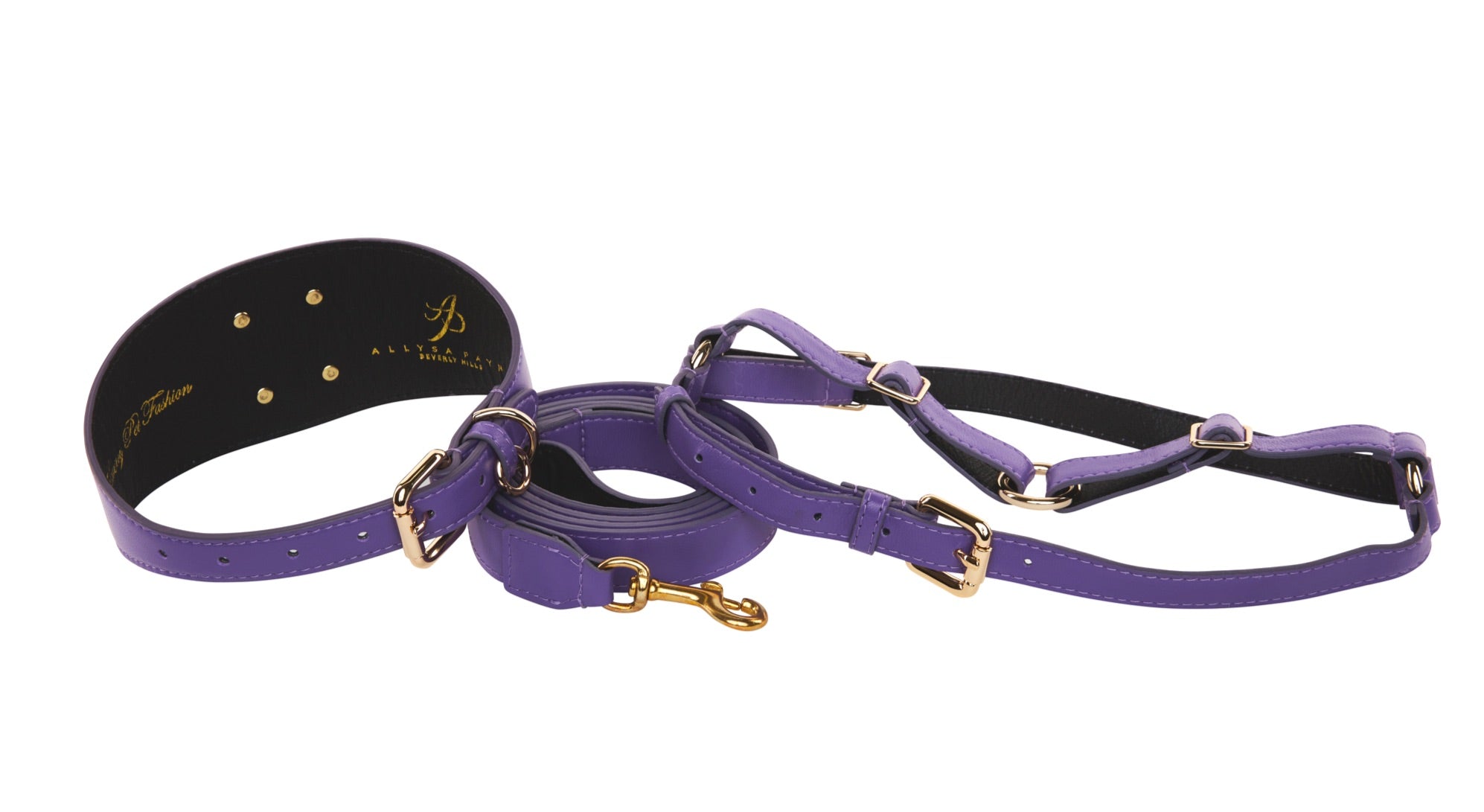 Purple Italian Leather 3” Wide Style Collar with Custom Gold Starfish, Leash & Harness Set