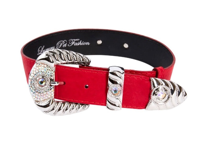 Red distressed leather belt with an ornate silver buckle, accented by Swarovski crystals and detailed engraved patterns.