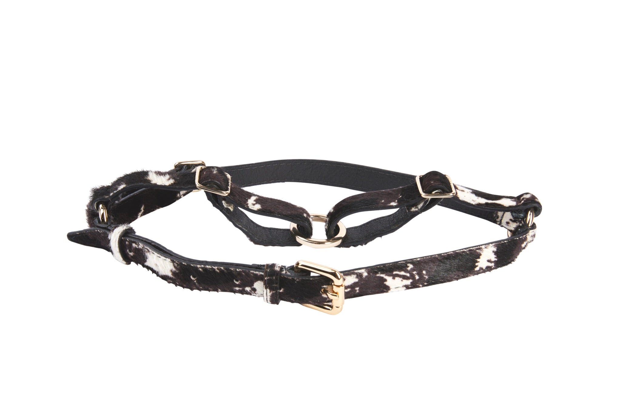Black, White Brown Hair On Hide Italian Leather Harness With Gold