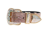 Brown embossed croc leather belt with large buckle, loop, and tip adorned with multicolored Swarovski crystals and gold-tone edging