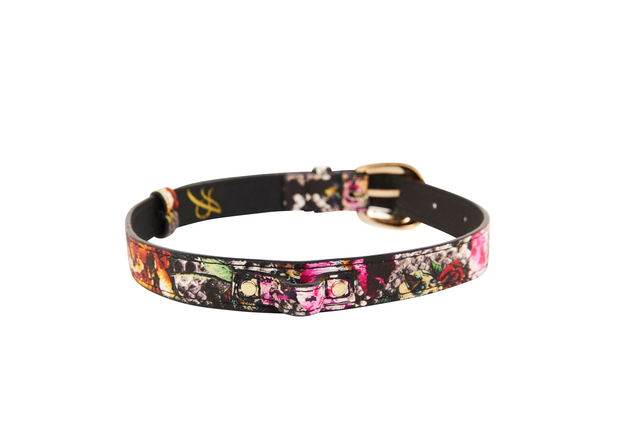 Floral, Scull, Snake Print Italian Leather Collar With Gold Oval