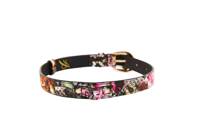 Floral, Scull, Snake Print Italian Leather Collar With Gold Oval