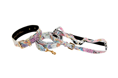 White floral mosaic Italian leather dog collar, leash, and harness set with gold hardware