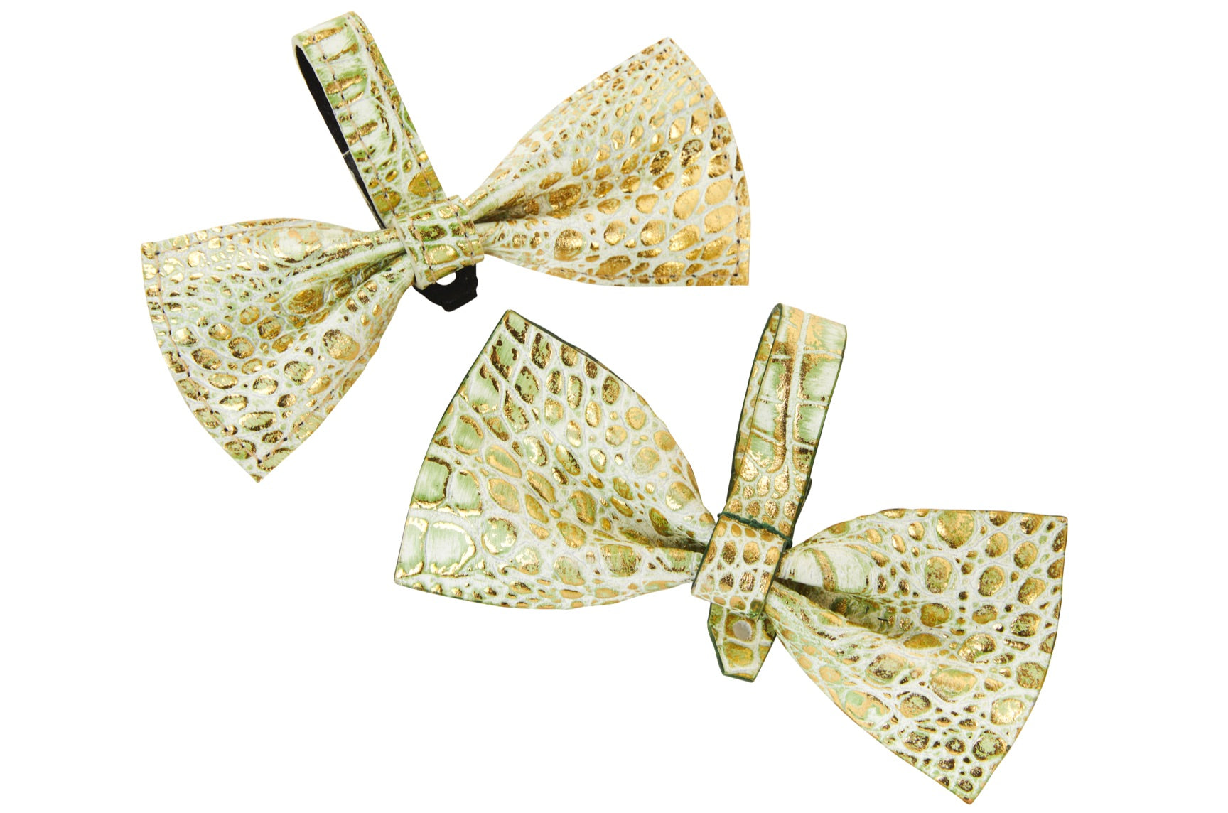Green & gold embossed croc Italian leather bowtie set of 2 displayed flat on white background