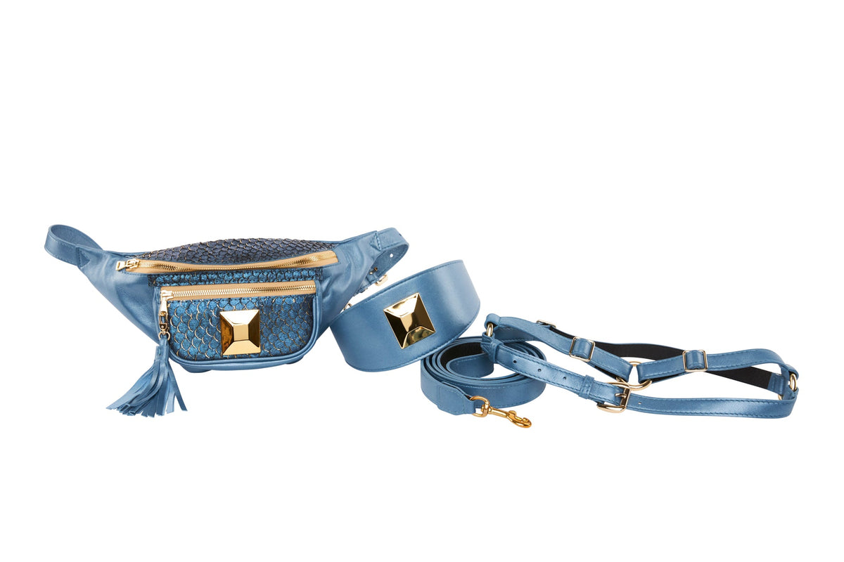 Pear Blue Italian Leather/Blue Tilapia Fanny Pack With Large Gold Rivet by Allysa Payne Beverly Hills - main product image for Resin Society