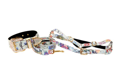 White floral mosaic Italian leather pet collar, leash, and harness set with Swarovski crystal accents
