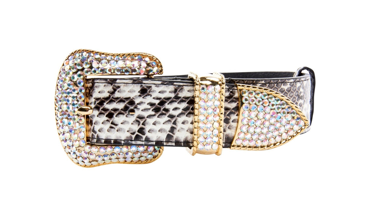 Black and white viper snake patterned collar decorated with gold hardware and encrusted with sparkling clear Swarovski crystals on buckle, loop, and tip.