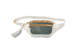 White leather fanny pack with a front zippered pocket featuring green tilapia scale texture and a white leather tassel on the side zipper pull.