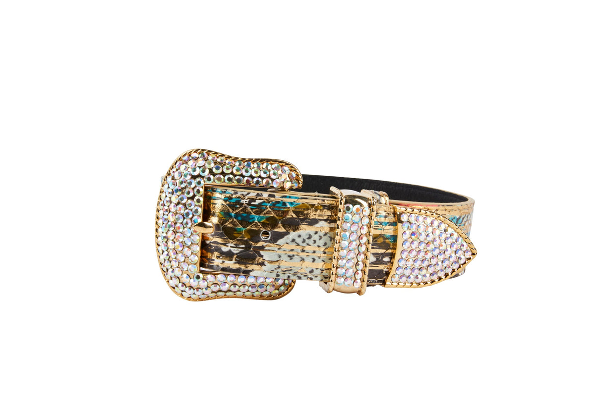 Dog collar with snake pattern strap accented by gold-tone buckle and loop encrusted with iridescent Swarovski crystals, shown against a white background.