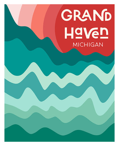 Destination: Grand Haven - Modern Art Print featuring stylized typography and coastal imagery