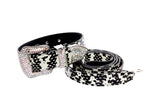 Black and white snake-patterned collar and matching leash set with a buckle adorned in multicolored Swarovski crystals on a white background.