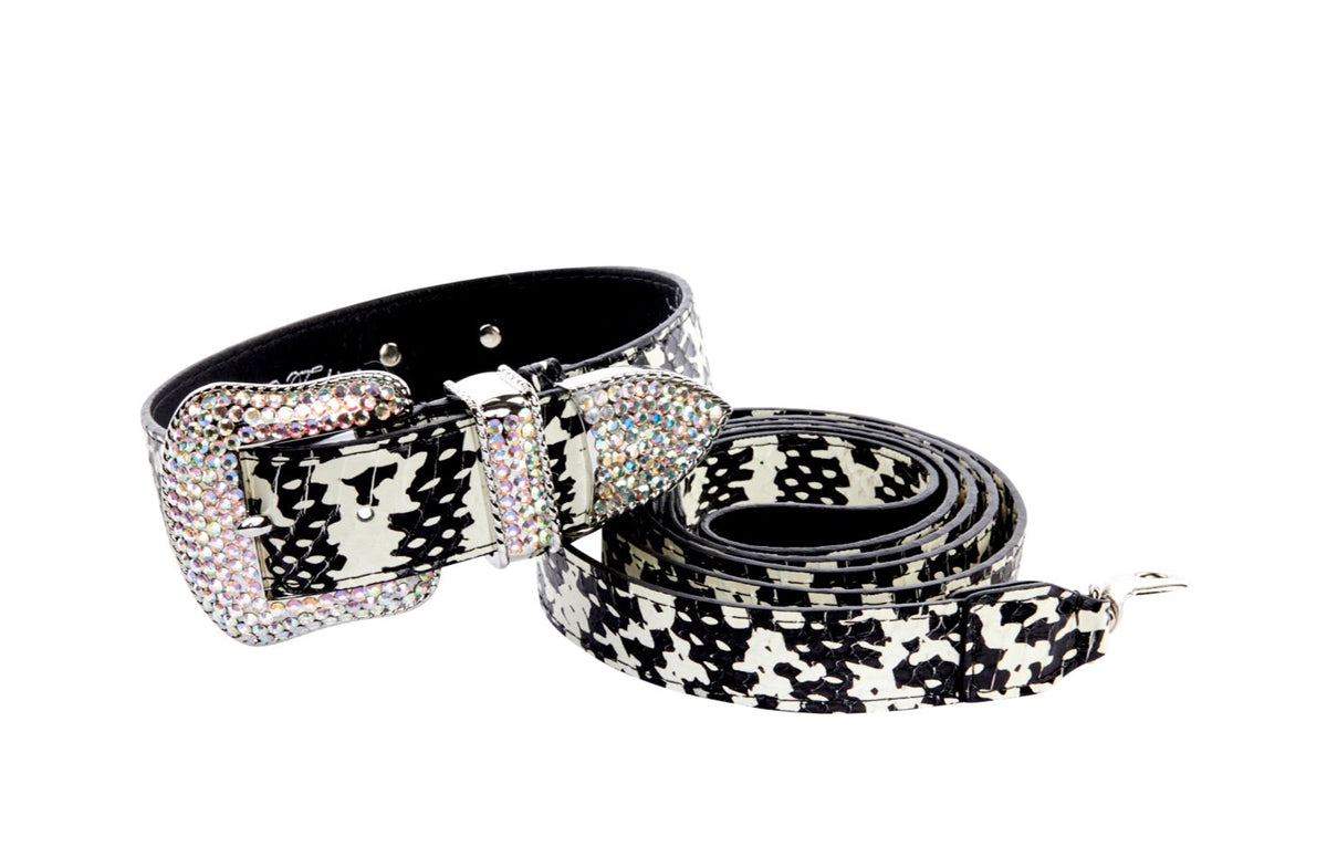 Black and white snake-patterned collar and matching leash set with a buckle adorned in multicolored Swarovski crystals on a white background.