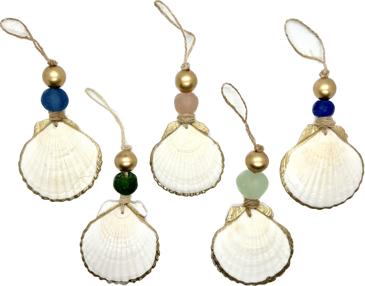 Five white scallop shells with gold-painted edges, each topped with a twine loop, a gold bead, and a differently colored round bead in blue, amber, green, light green, and cobalt blue.