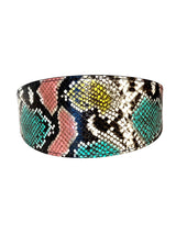 Multi-Color Embossed Snake Italian Leather Wide Style Collar displayed flat showing multi-color embossed snake pattern and texture.