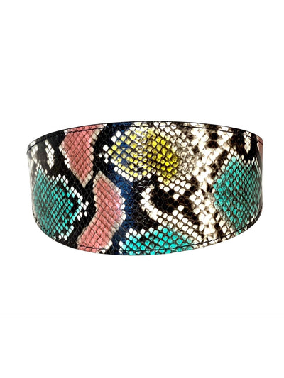 Multi-Color Embossed Snake Italian Leather Wide Style Collar displayed flat showing multi-color embossed snake pattern and texture.