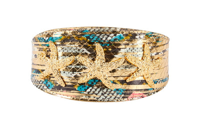 Multi color gold snake patterned 3-inch wide pet collar featuring a gold starfish detail