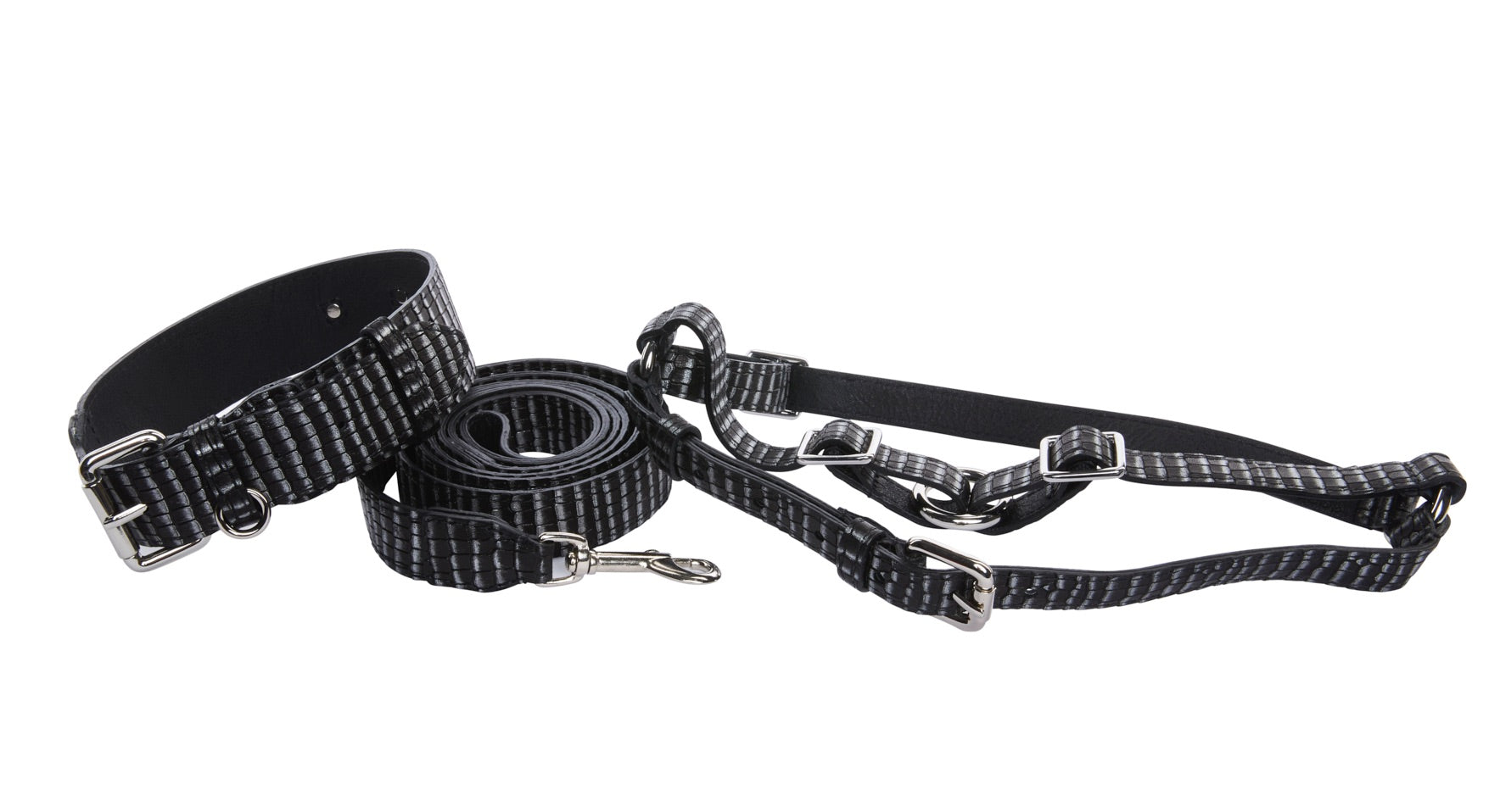 Black & Silver Striped Italian Leather Classic Collar