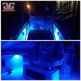 Two views of a boat illuminated with blue LED lights, showing glowing seats and deck areas in a dark water setting with reflections.