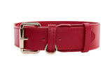 Red vegan leather dog collar with gold-tone buckle and D-ring, featuring stitched edges and a small loop for leash attachment.