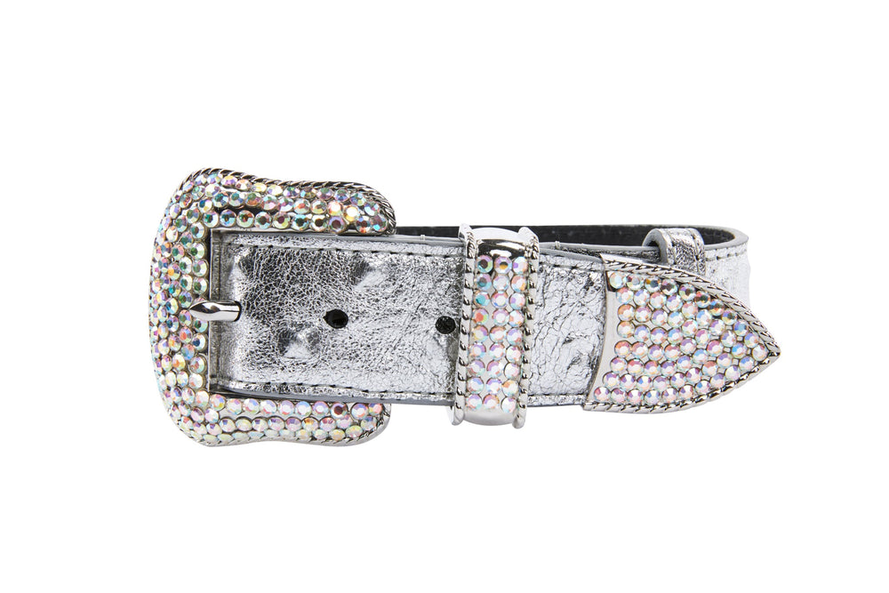 Silver Italian leather collar featuring a metal buckle, buckle loop, and tip adorned with round, iridescent Swarovski crystals
