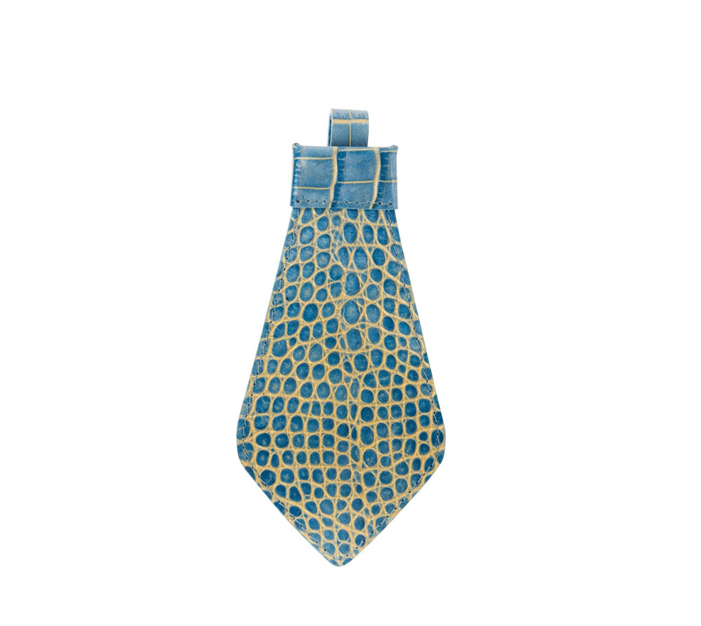 Necktie with blue and gold embossed crocodile leather pattern, showing rectangular stitching and a loop at the back near the knot area.