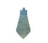 Necktie with blue and gold embossed crocodile leather pattern, showing rectangular stitching and a loop at the back near the knot area.