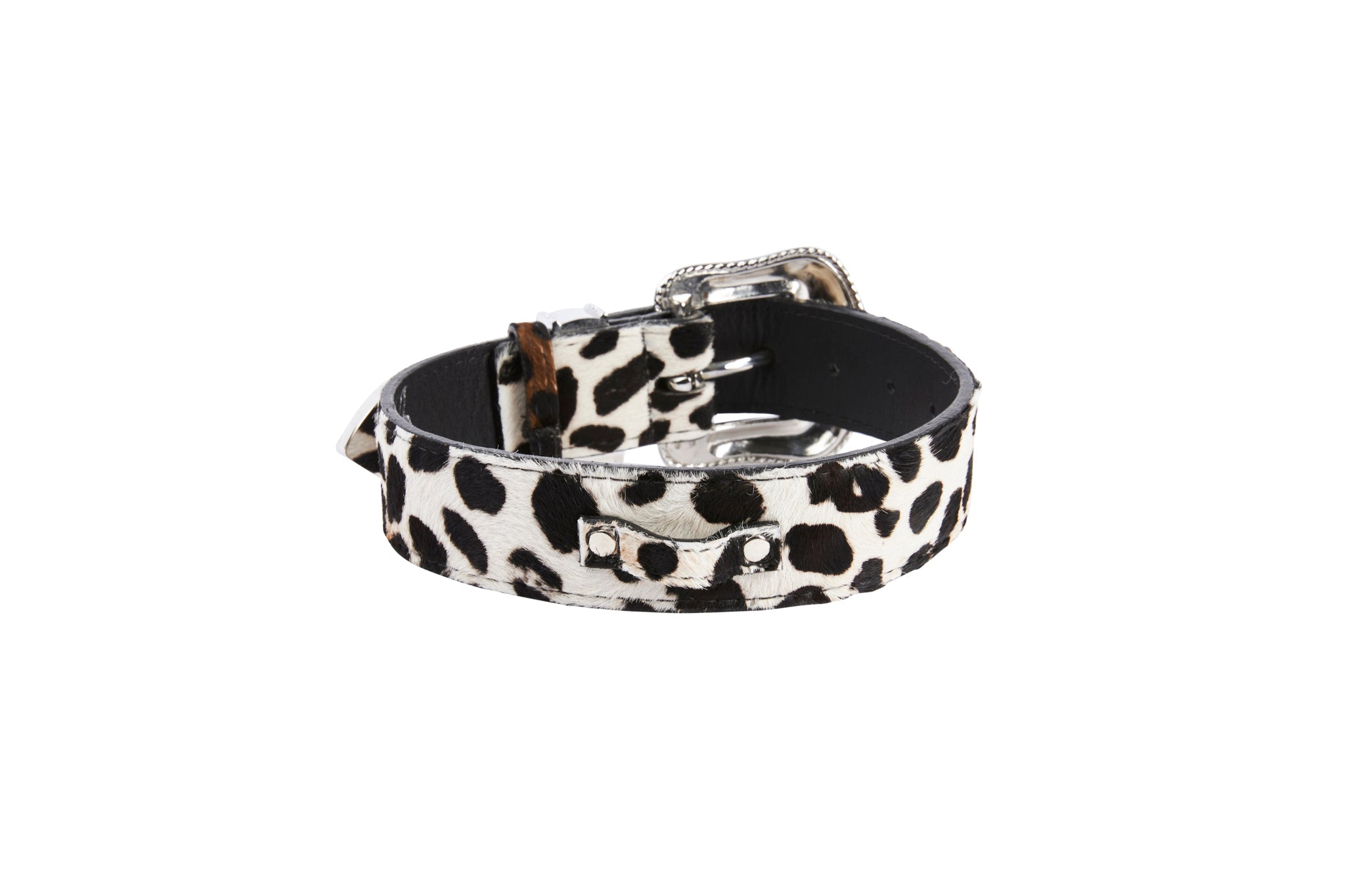 Snow Leopard Print Hair On Hide Italian Leather Collar With Swarovski
