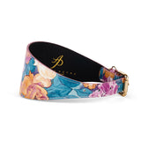 3-inch wide Italian leather collar with colorful floral print in shades of pink, blue, and yellow, featuring a gold-tone buckle and Swarovski crystal accents.