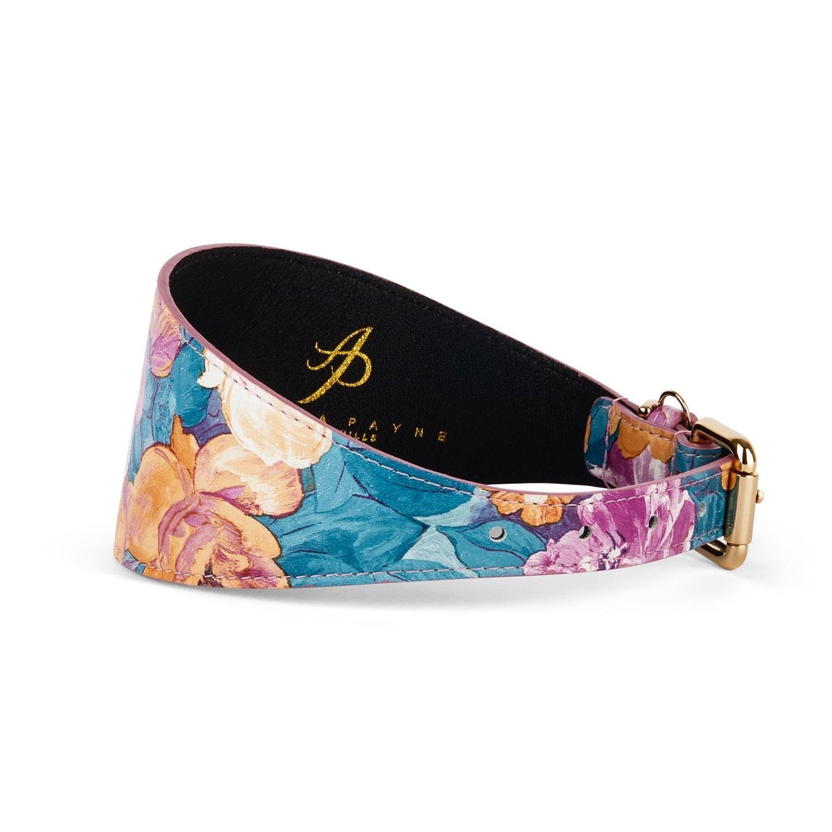 3-inch wide Italian leather collar with colorful floral print in shades of pink, blue, and yellow, featuring a gold-tone buckle and Swarovski crystal accents.