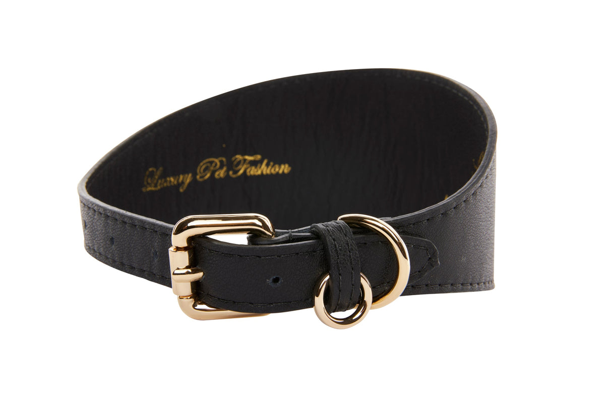 Black 2-inch wide vegan leather collar with gold-tone buckle and D-ring, rolled slightly open against a white background.
