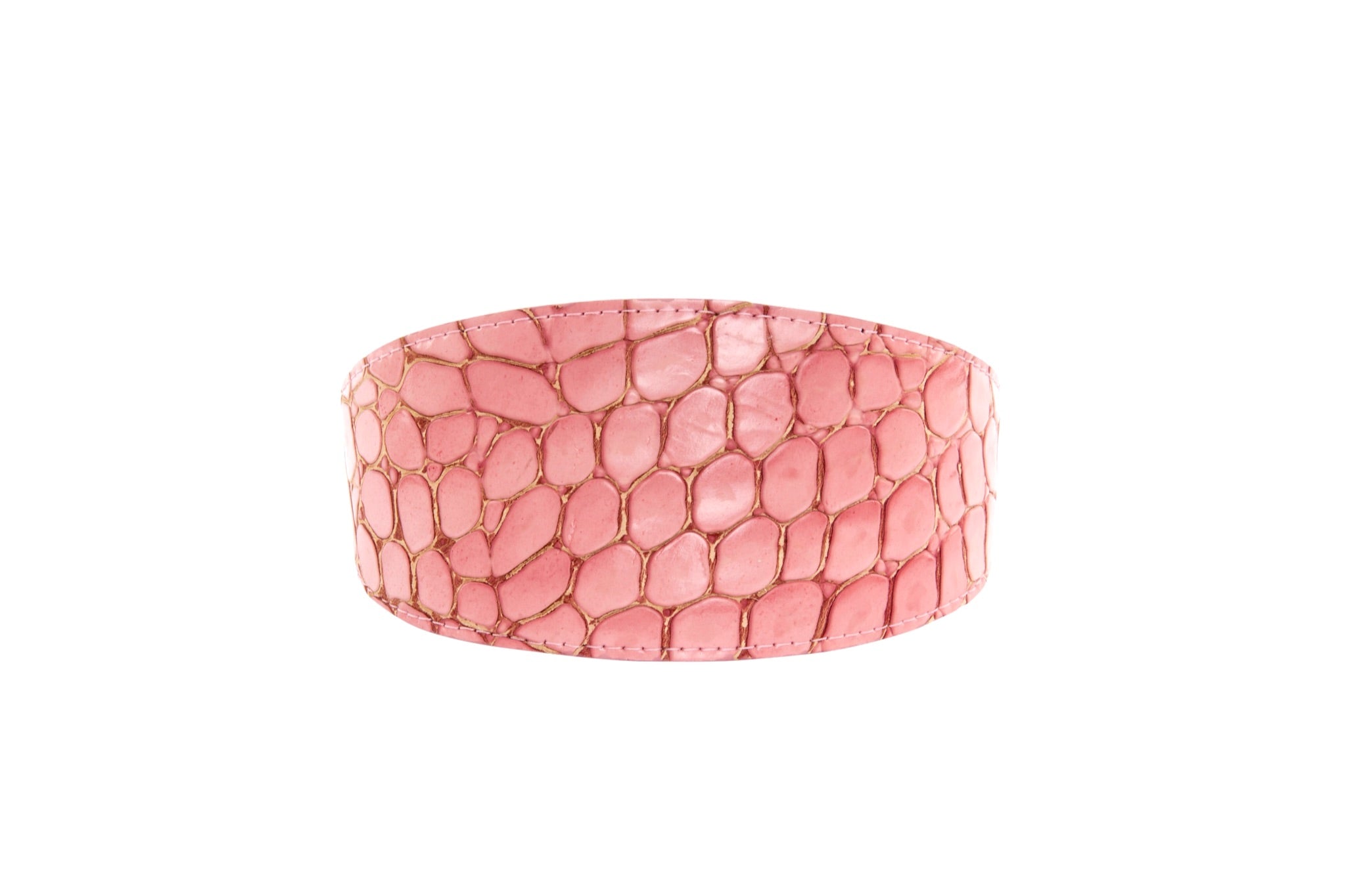 Soft pink embossed belly side croc Italian leather wide collar displayed flat on white background