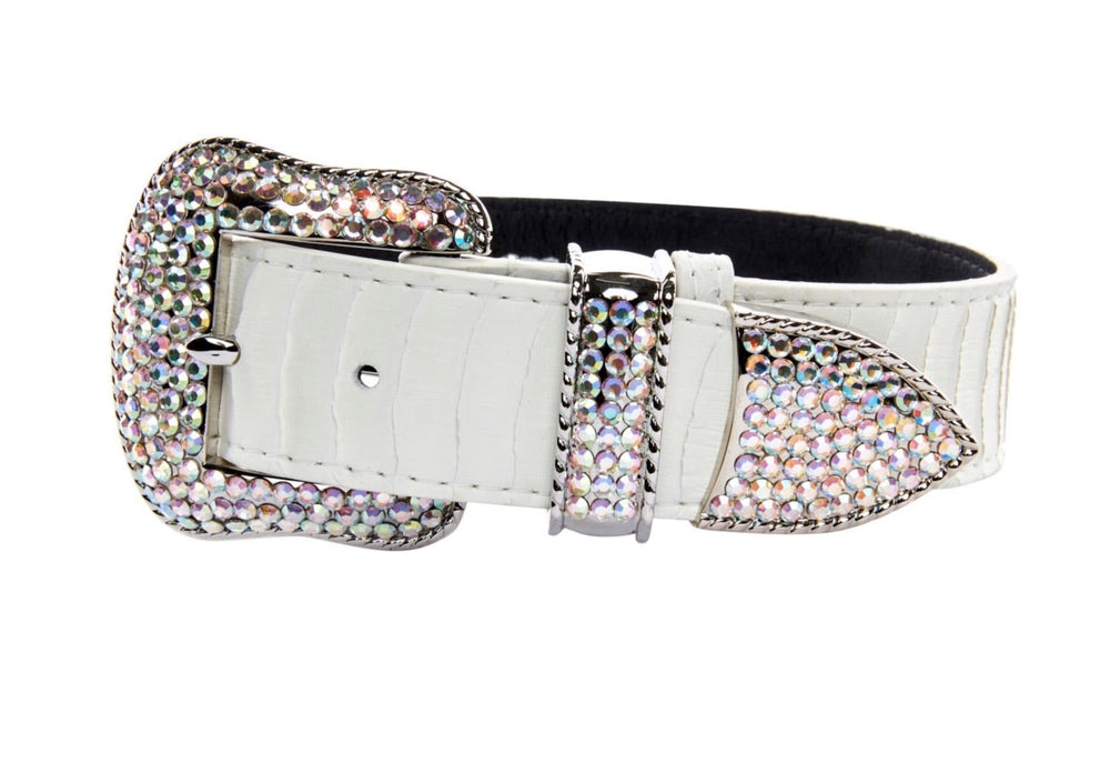 Matte white collar with silver buckle, loop, and tip encrusted with small multicolored Swarovski crystals, featuring a subtle textured pattern on the strap.