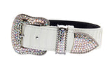 Matte white collar with silver buckle, loop, and tip encrusted with small multicolored Swarovski crystals, featuring a subtle textured pattern on the strap.