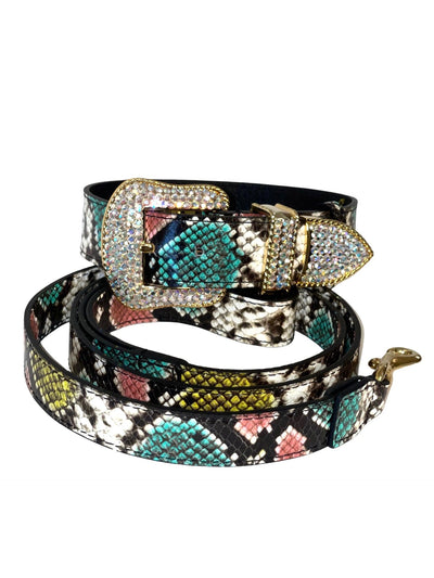 Multi-color embossed snake Italian leather collar and leash set with sparkling Swarovski crystal hardware