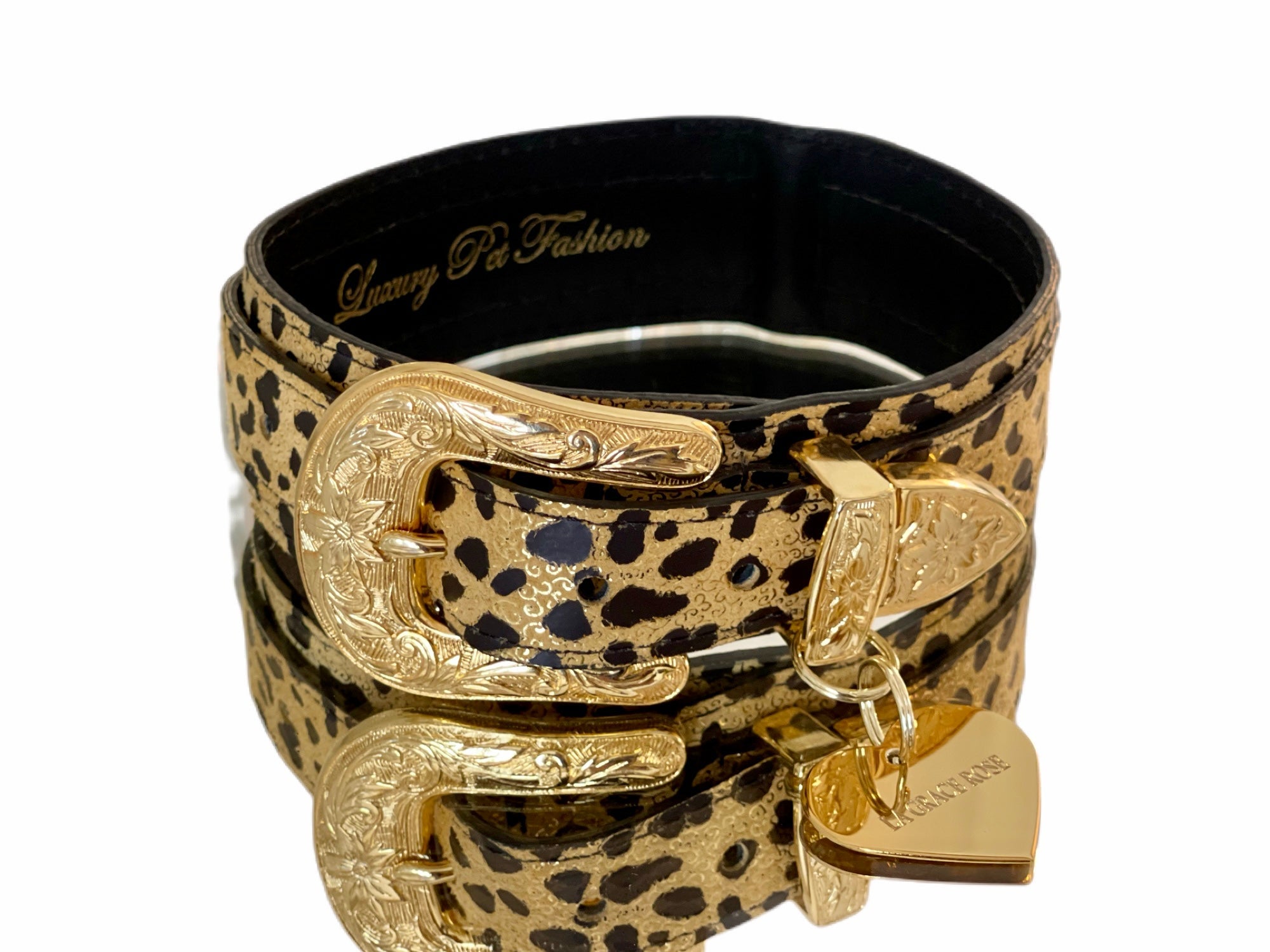 Leopard print Italian leather pet collar with gold western style floral hardware and a custom heart name plaque