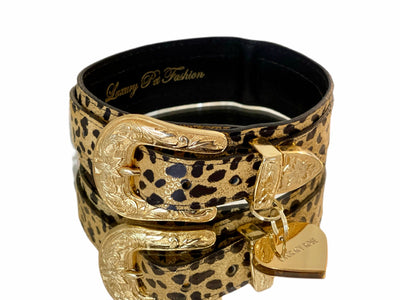 Leopard print Italian leather pet collar with gold western style floral hardware and a custom heart name plaque