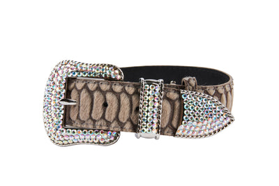 Grey Snake Print Hair On Hide Italian Leather Collar With Swarovski