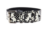 Black and white snake-patterned collar with silver buckle and D-ring, featuring a classic design and smooth, glossy texture.
